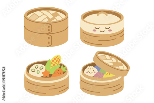 Cute Dim Sum and Dumplings in Bamboo Steamer Baskets, Flat Vector Illustration for Asian Cuisine