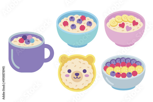 Healthy Oatmeal and Smoothie Bowls with Berries and Fruits, Bear Face Bowl and Hot Cereal Cup, Cute Flat Vector Breakfast Set