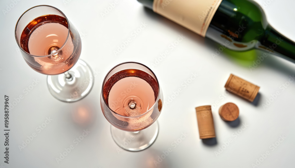 Naklejka premium Two glasses of rose wine sit next to an open bottle and corks on a white surface. The sparkling drink looks refreshing and luxurious. Perfect for celebrations and fine dining themes.