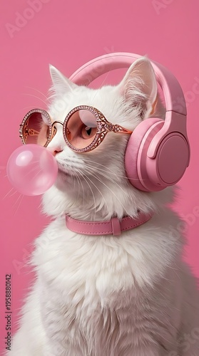 White Fluffy Cat Wearing Pink Headphones and Sunglasses Blowing Bubble Gum Against Solid Pink Background Fashionable Pet Lifestyle Concept