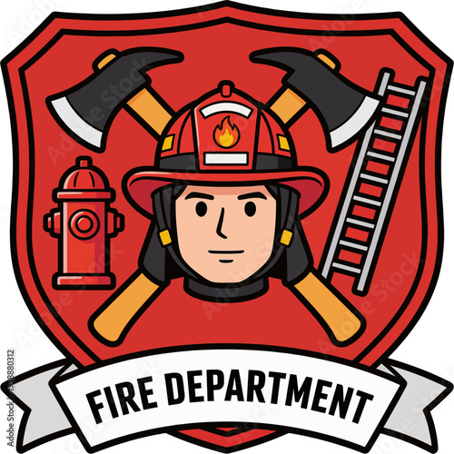 Cartoon Fire Department Badge with Smiling Firefighter Helmet Axes Hydrant Ladder