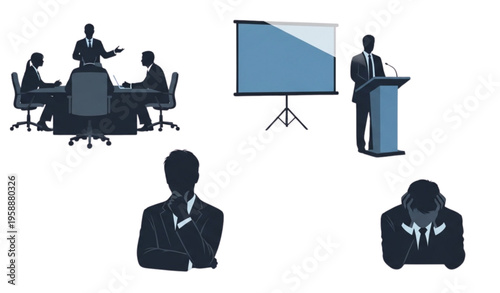 Office Work Situation Silhouette Pack isolated on white background