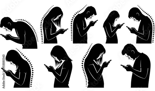 Smartphone Usage Addiction Silhouette Set isolated on white background