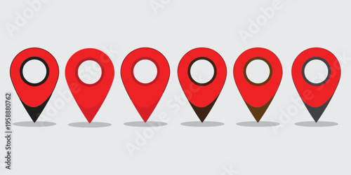 Five red map pin icons in a row