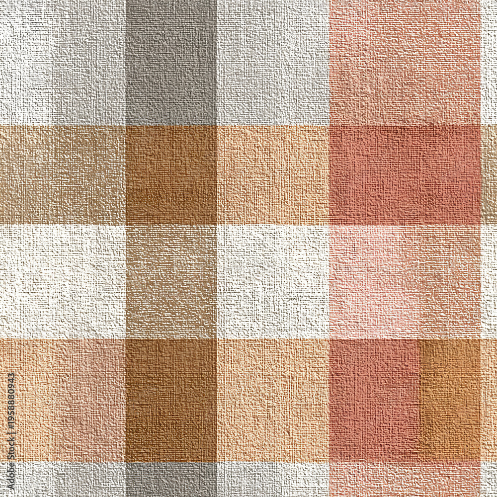 Fototapeta premium Muted peach and cream plaid textile pattern with soft beige and brown tones, featuring textured fabric surface that adds warmth and cozy feeling to design