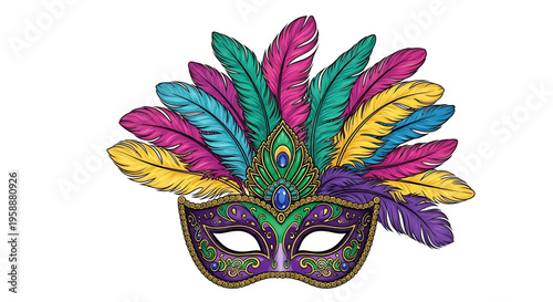 A colorful Mardi Gras mask with feathers and ornate design on a white background
