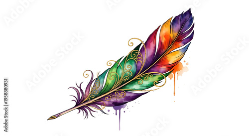 A colorful, ornate feather illustration with swirling patterns and vibrant hues, set against a clean white background.