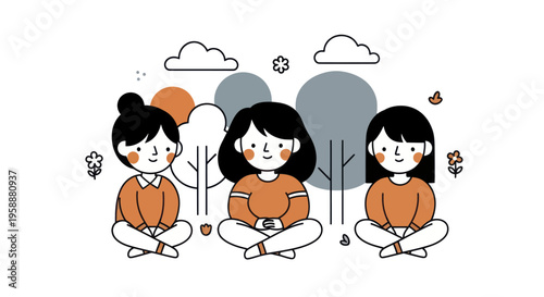Three girls meditating outdoors in a peaceful setting.
