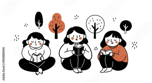 Three girls sitting and reading books in a park with trees.