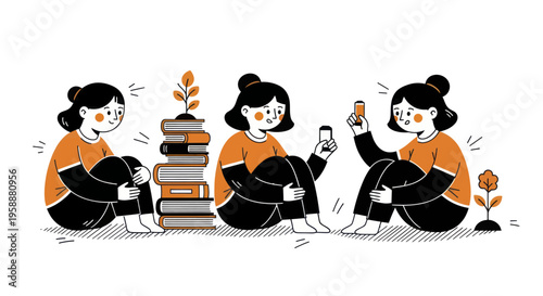 Three girls sitting on the floor with books and phones.