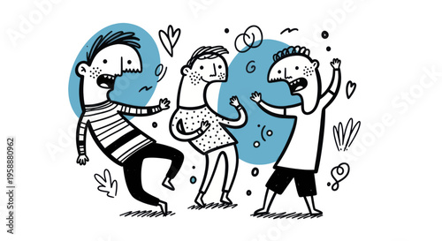 Three happy friends dancing together with joy and excitement.