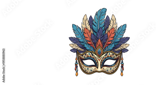 A colorful masquerade mask with feathers and intricate designs on a white background