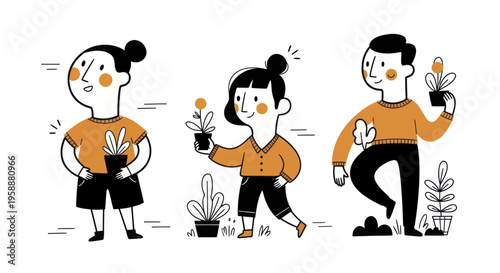Three happy people with plants, hand-drawn style illustration.