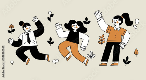 Three happy women jumping and celebrating together with joy.