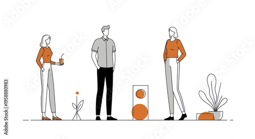 Three people standing together, two women and one man, in a minimalist line art style.