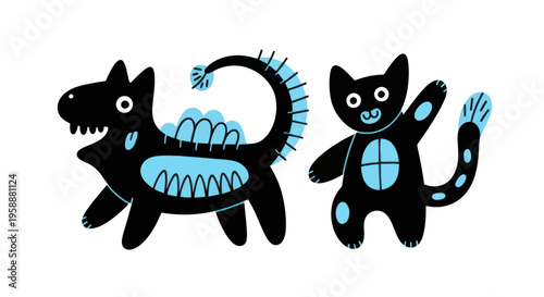 Two Cute Black and Blue Cartoon Monsters.
