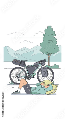 A Cyclist Rests After A Long Journey Surrounded By Nature
