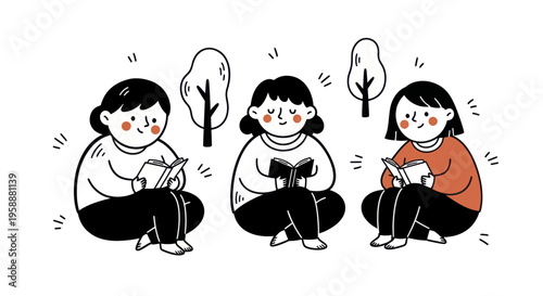 Three young women sitting and reading books outdoors.