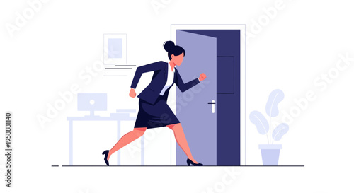 A Determined Businesswoman Swiftly Exiting Through an Open Office Door