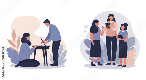Two distinct scenes depicting people engaged in various activities, one focused on collaborative work and the other on group interaction and discussion.