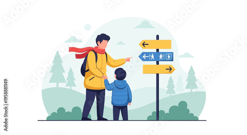 A Father And Son Decide Which Path To Take On Their Outdoor Adventure