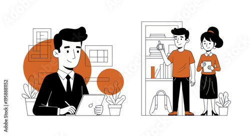 Two distinct scenes depicting people in professional and casual settings.