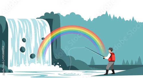 A Fisherman Casts His Line Beneath A Vibrant Rainbow Near A Majestic Waterfall