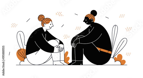 Two diverse women sitting on the floor, engaged in a conversation.