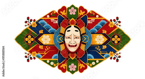 A colorful vector graphic of a traditional Japanese Noh theater mask surrounded by a vibrant floral and geometric design