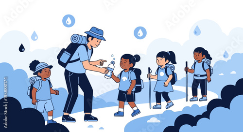 A Guiding Adult Leads Children On An Outdoor Adventure Trekking Expedition Hydration