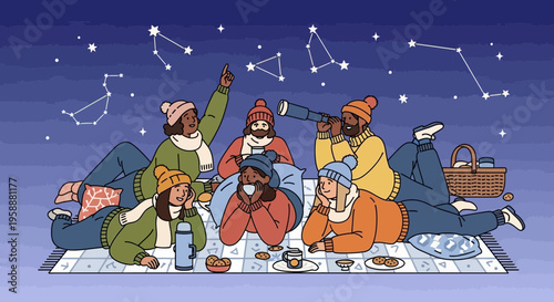 A Group Of Friends Gazing At The Starry Night Sky