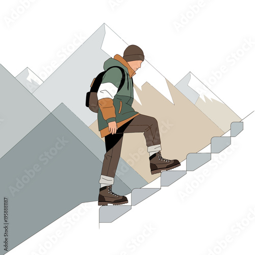 A Hiker Ascends Abstract Mountainous Steps Towards Adventure