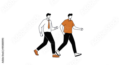 Two men walking side by side in a casual and business setting.