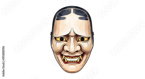 A colorful illustration of a Japanese oni mask with a menacing expression