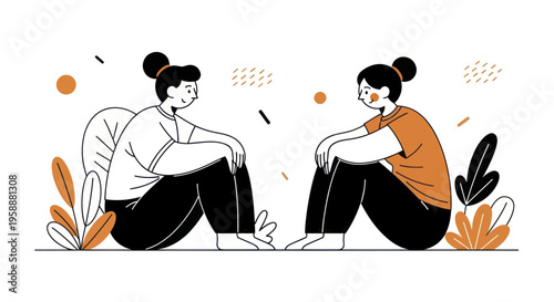 Two women sitting on the floor, facing each other, engaged in conversation or deep thought.
