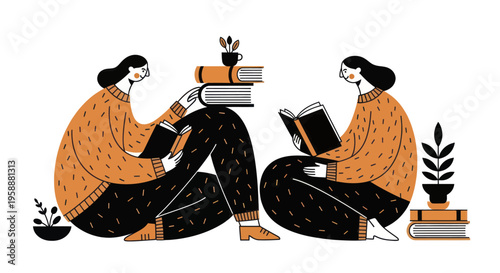 Two women reading books, surrounded by stacks of literature and plants.