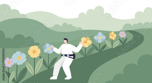 A Person Admiring Flowers In A Lush Green Landscape