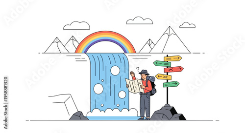 A Perplexed Hiker Stands Before a Majestic Waterfall and Crossroads