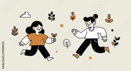 Two young women happily walking together, one holding a small plant.