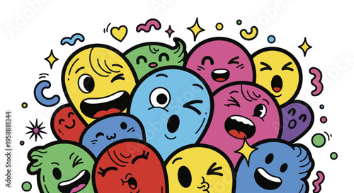 Vibrant and Expressive Doodle Faces Crowd Together with Joy.