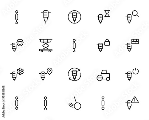 Construction Machine icon set. Vector icons pack. Includes crane, drill, scissor lift, wrecking ball, paver, hook, warning sign and more. Editable stroke.