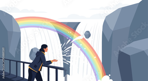 A Person Gazes At A Majestic Waterfall With A Rainbow Arching Gracefully