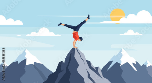 A Person Performing An Amazing Handstand On The Peak Of A Mountain