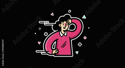 Woman in pink shirt with hand on forehead looking forward.