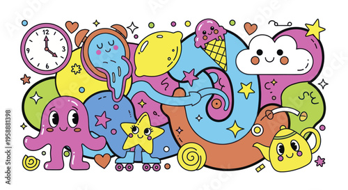 Whimsical Doodle Characters and Objects in a Playful Arrangement.