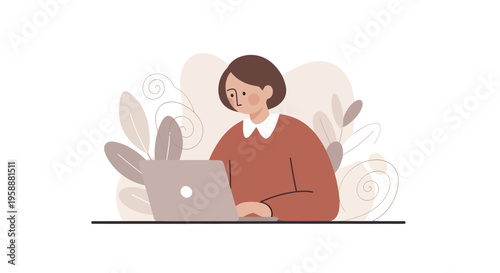 Young woman working on laptop at desk with plants.