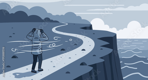 A Solitary Figure Battling Fierce Winds on a Cliffside Path Overlooking the Ocean