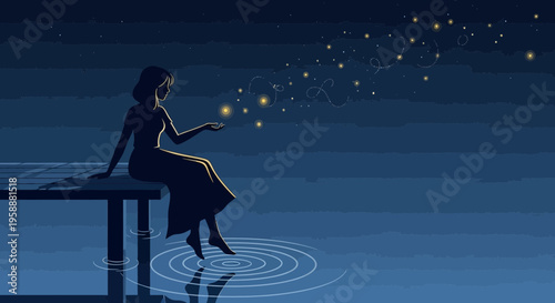 A Solitary Figure Embracing Luminous Dreams Beside Tranquil Waters