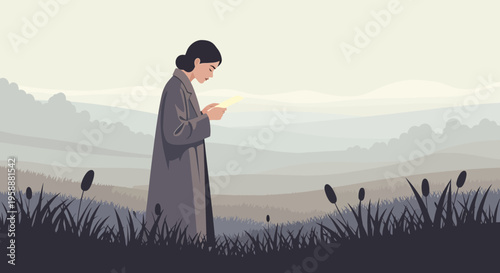 A Solitary Woman Contemplating a Letter Amidst Serene Hilly Landscapes