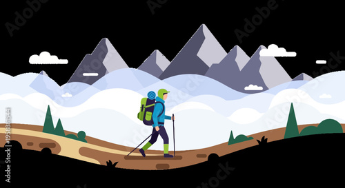 A Solitary Trekker Ascends Majestic Mountain Peaks Under Cloudy Skies